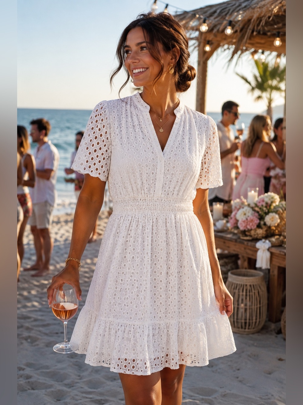 NWOT. Chic Soul White Eyelet Smocked Waist Mini Dress. Size 3X